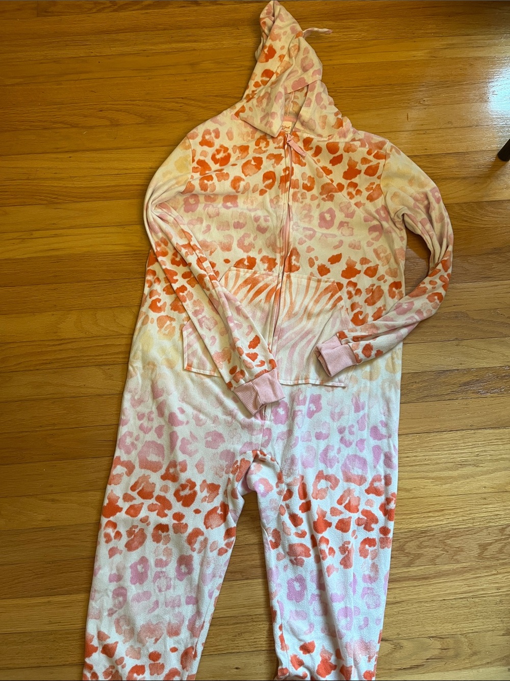 Cat & Jack Pink and Orange Leopard Hooded One-Piece Footie xl (14/16)